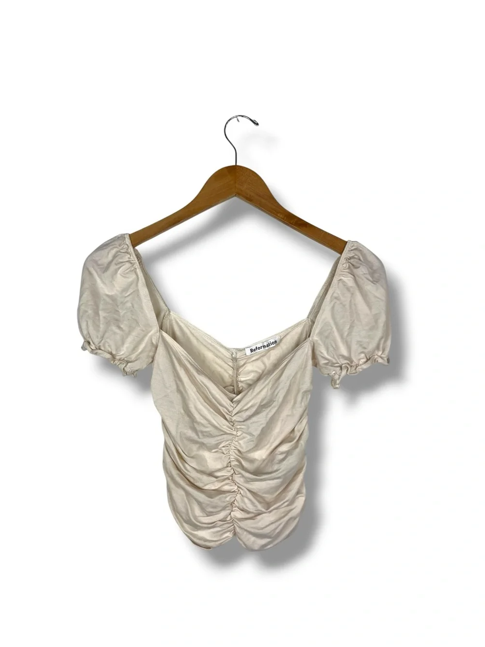 Reformation Fallow Womens Cream Ruched Puff Sleeve Square Neck Crop Top XS